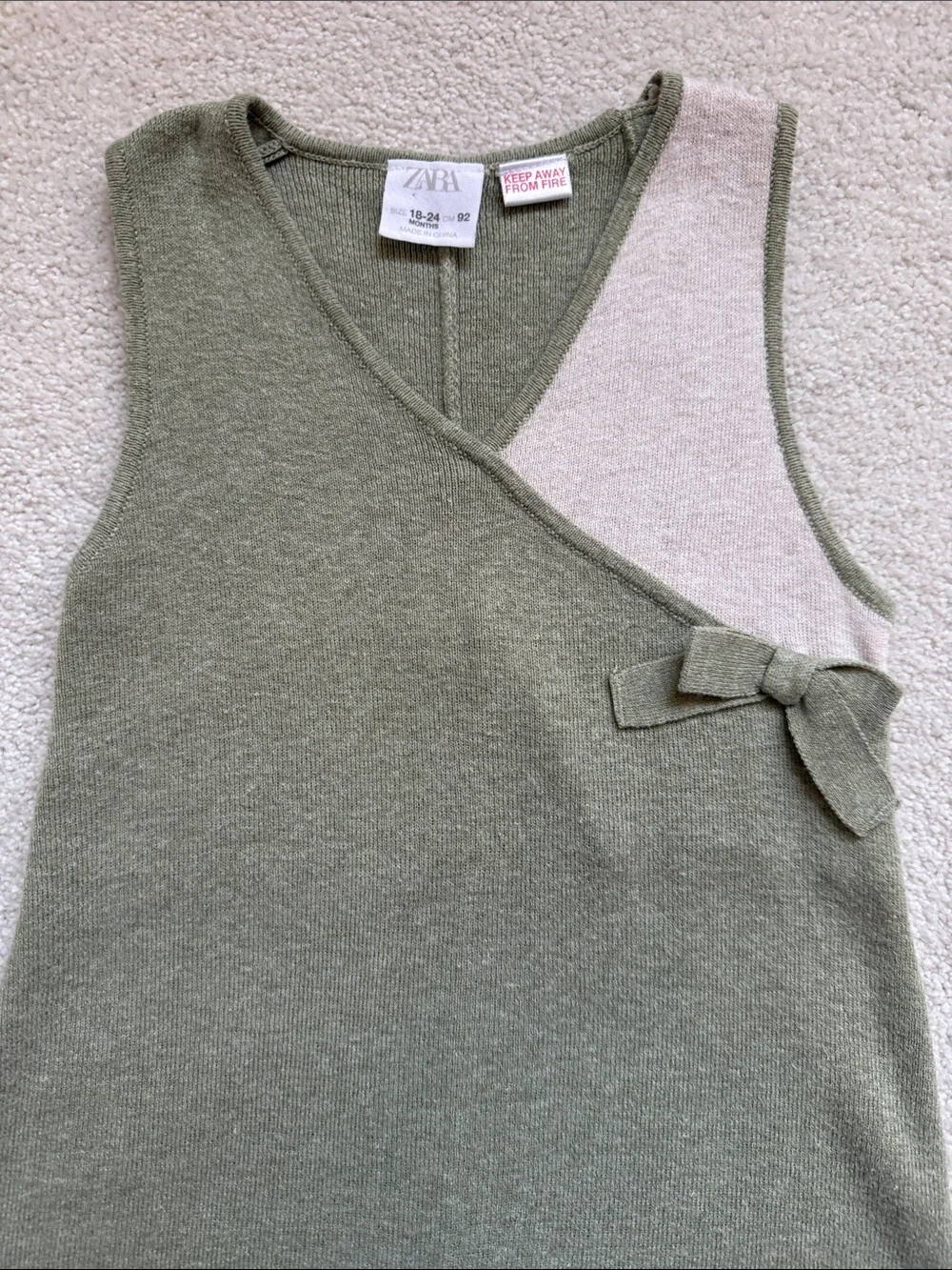 Zara Olive Green Knit Wrap-Style Romper with Cream Contrast and Bow